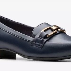 Clarks Navy Flats with Gold Accent